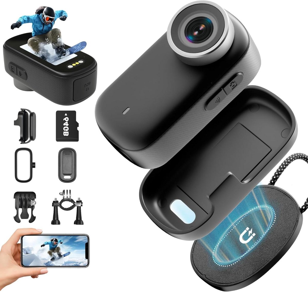 Action Cam 4K WiFi Body Camera Mini Body Cam 64GB 150° Small Motorbike Sports Camera Helmet Camera with Display Action Cameras Vlogg Video Camera with Multifunctional Accessories