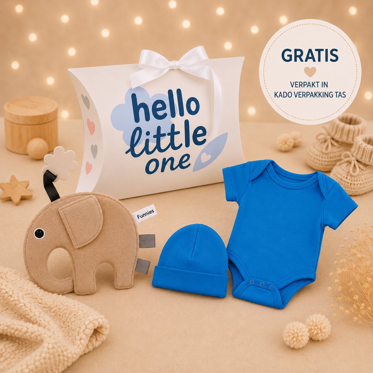 Blijeitje - Baby Cadeau jongen – Luxe Kraamcadeau met Romper & Mutsje & Tutpopje Ollie – Babyshower Geschenk Newborn – Hello Little One