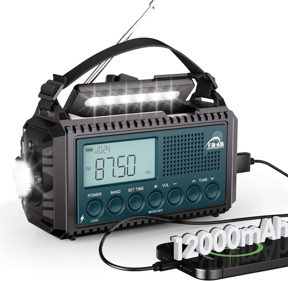 AM/FM/SW Crank Radio with 12000 mAh Battery, Rechargeable Portable Radio with Flashlight and Reading Light, Emergency Radio Type C Connection, SOS Alarm Dynamo Radio for Hiking, Outdoor, Camping