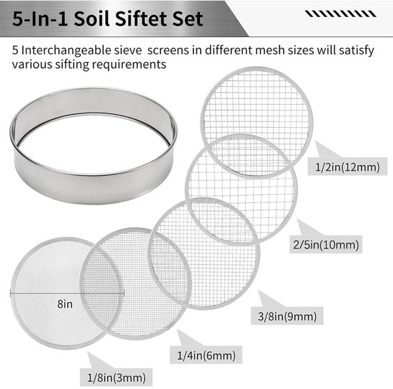 Dailygoods- Tuinzeef 5-in-1 - Ronde Zeef Roestvrij Staal 20 cm - Verwisselbare Zeefinzetstukken Ø 3/6/9/10/12 mm - Inclusief Tuinschep - 20 Plantenetiketten van Dailygoods — afbeelding 4