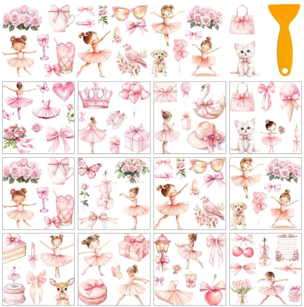 Dailygoods- Transferstickers 12 vellen - Roze Ballerina Stickers - Wanddecoratie Kinderkamer - Raamdecoratie - Schraper inbegrepen - 5,5 x 5,5 cm