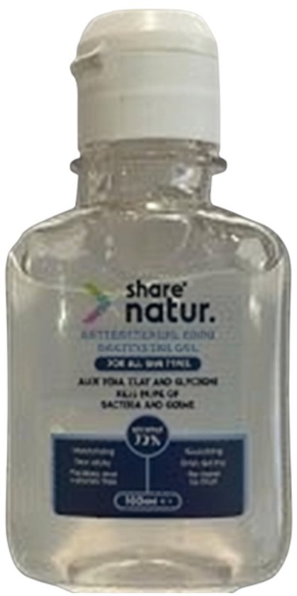 Transparante handgel fles met witte dop. Share Natur, antibacteriële gel, 100ml.