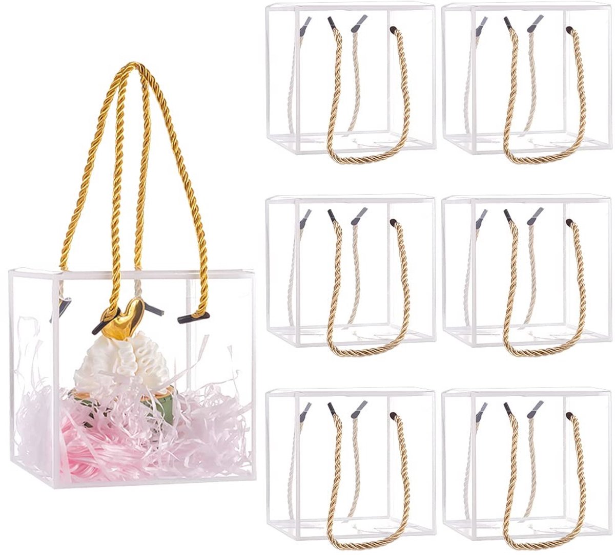Dailygoods- Geschenkdoos Transparant - 10 Set PVC Dozen - 12x12x12cm Vierkant - Witte Rand - Handvat - Voor Candy/Chocolade - Cadeaudoos