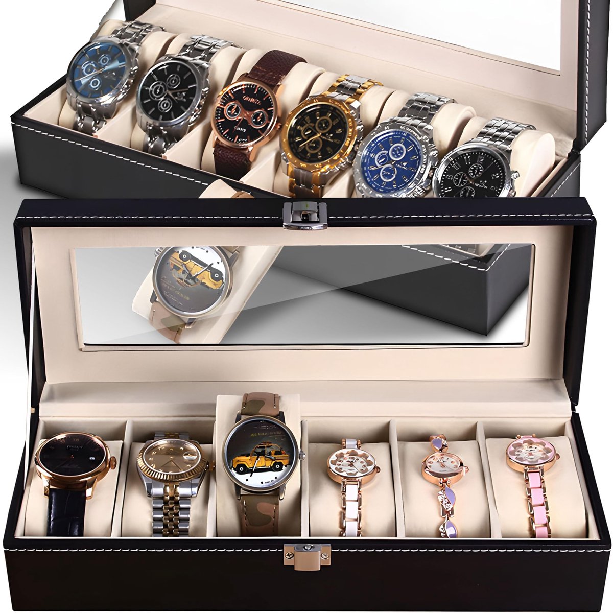 Dailygoods- Horlogedoos 6 Compartimenten - Horlogebox - Horloge Opbergdoos - Horloge Doos Heren - PU Leer - Zacht Velvet Kussens - Horlogeopbergdoos