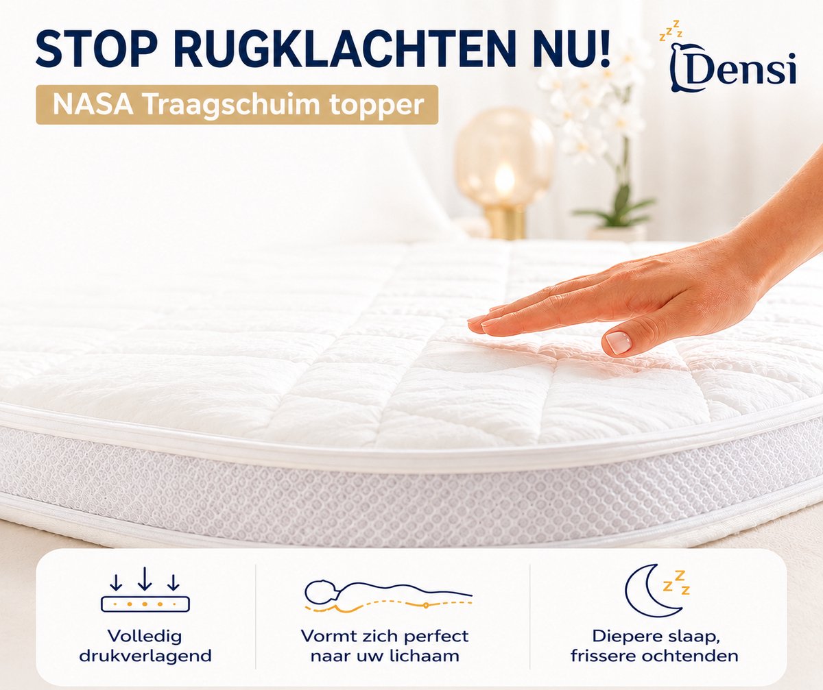 Densi NASA Traagschuim Topper 12 cm – Drukverlagend – Topdekmatras 160x200cm - Ergonomisch – Tencel Hoes – 3D Ventilatieband wit