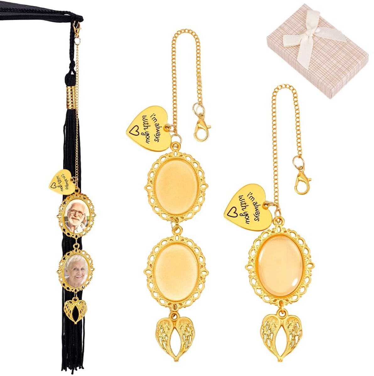 Dailygoods- Afstuderen Kwastje 2 Stuks - Gouden Herdenkingsfoto Charms - Engelenvleugels - Decoratie voor Afstudeerpet - Prachtige Geschenkdoos - Duurzaam Materiaal - Afstudeerbedel