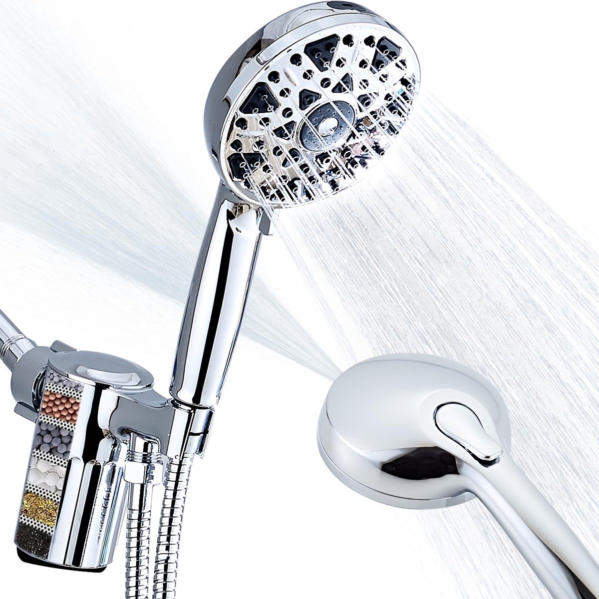 Dailygoods- Douchekop met filter - Handdouche - Doucheslang - Beugel - Hoge druk - Roestvrij staal - 7 instellingen