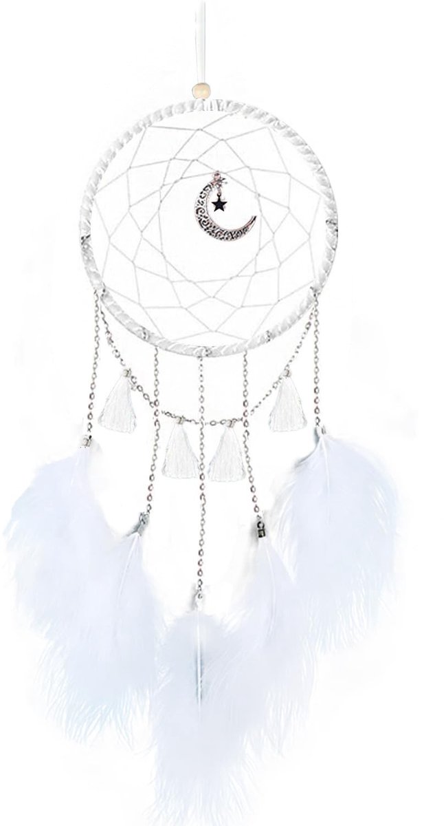 Dailygoods- Dromenvanger Handgemaakt - Dromenvanger met Veren - Vintage Decoratie - Talisman voor Kinderen - Hoofdcirkel 13cm - Wit met Legering Maan - Droomvanger