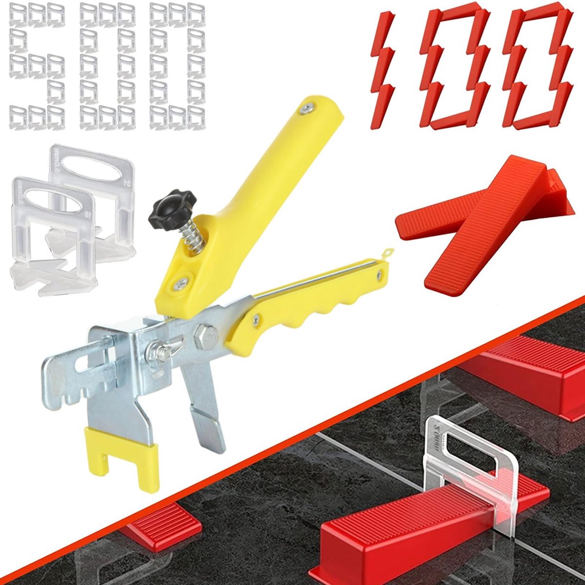 Dailygoods- Tegelnivelleringssysteem 3 mm - Nivelleringsset 601 stuks - 500 Tabs + 100 Wiggen - Inclusief Tang - Kunststof/Metaal - Nivelleersysteem