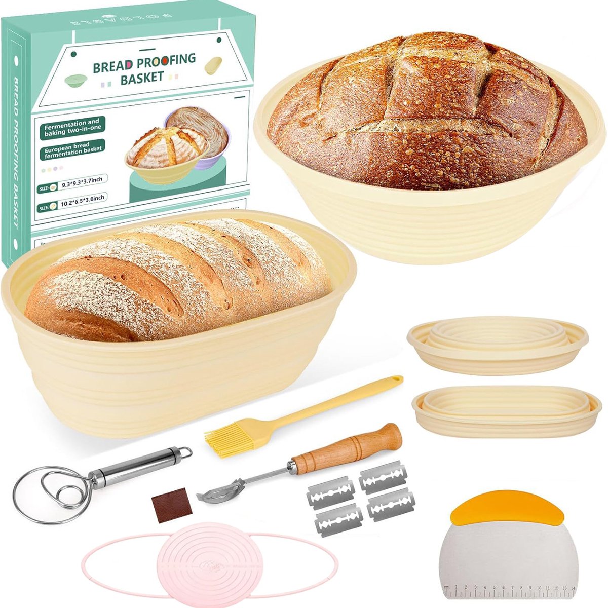 Rijsmandje Set - Broodset Gaarmandje - 23 cm Ronde en 25 cm Ovale Siliconen Proofing Manden - met 2 rijsmandjes, zuurdeeg starterset en complete set bakaccessoires - Ideaal voor Beginners en Professioneel Gebruik - Vaatwasserbestendig.