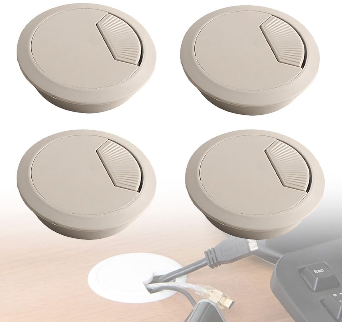Dailygoods- Kabeldoorvoer 60 mm - Kabeldoorvoeren voor bureau - Gatafdekking - Rond - Set van 4 - Lichtbruin - Kabelgoot