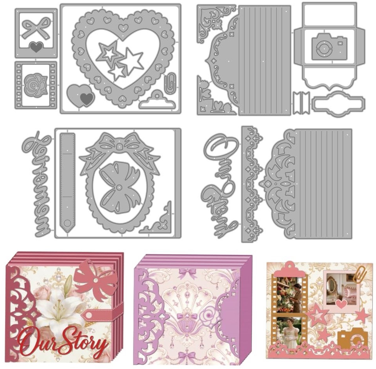 Dailygoods- Stanssjablonen Koolstofstaal - 3D-Fotoalbum - Decoratieve Strik - Kanten Randen - Nostalgische Aandenken - Afmetingen 156 x 104 mm - Snijmatrijzen