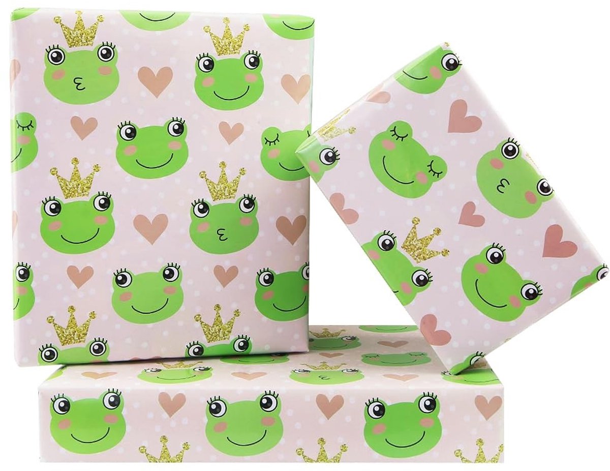 Dailygoods- Inpakpapier Groene Kikkers - Cadeaupapier Verjaardag - Inpakpapier Babyshower - Inpakpapier Kinderen - Inpakpapier Rollen - 4 Vellen 50x70 cm