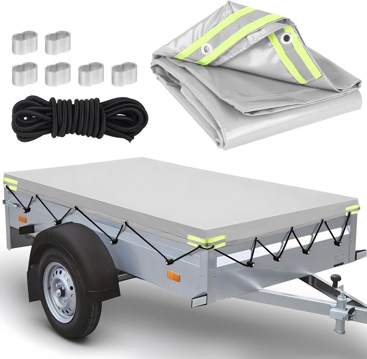 Dailygoods- Afdekzeil Waterdicht - Aanhangerafdekking Versterkte Rand - 140 x 115 x 8 cm - 6 m Bungeekoord - Scheurvast - Laadvermogen 350/750 kg - Aanhangwagenzeil