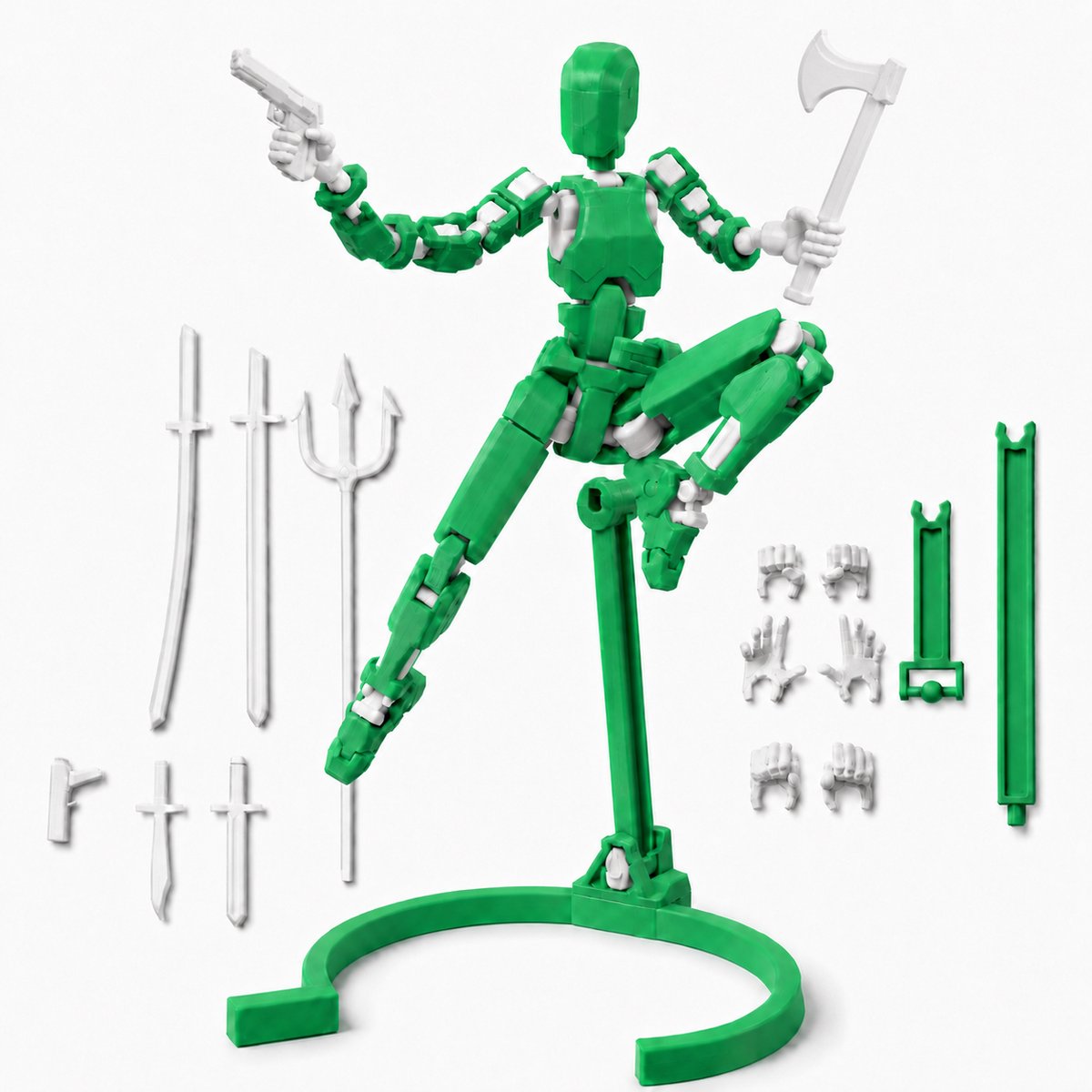 Enluxe BUILD-A-TITAN - T13 Stick Action Figure Original - Kleur Licht Groen + Extra Stand Accesoire - Flexibele Beweegbare Pop, Verwisselbare Handen en Speelgoedwapens, Creëer je Eigen Gevechtsscene DIY