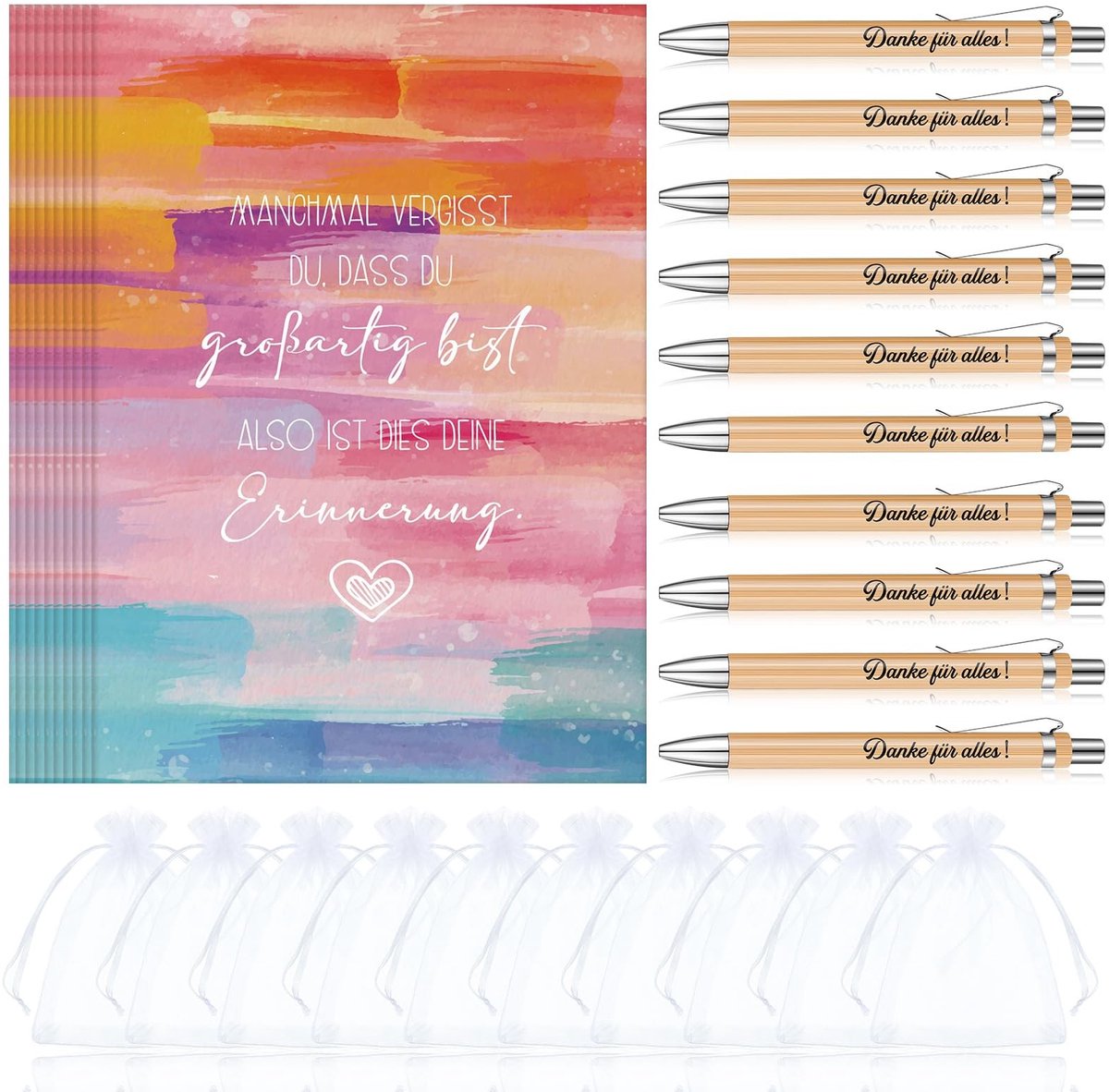 Dailygoods- Cadeauset met 10 Inspirerende Kaarten - Houten Balpennen - Organza Zakjes - Afscheidsgeschenken - Creatief Ontwerp - Tijdloze Elegant - Bedankcadeau