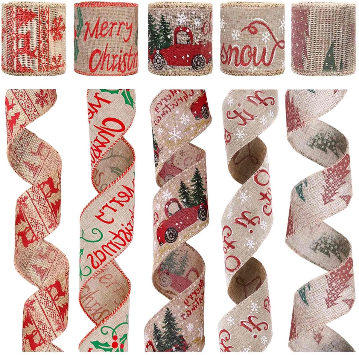 Dailygoods- Kerstband 5 Rollen - Jute Lint - Decoraties - Geschenkverpakkingen - Kunsthandwerk - Duurzaam Materiaal - Kerstlint