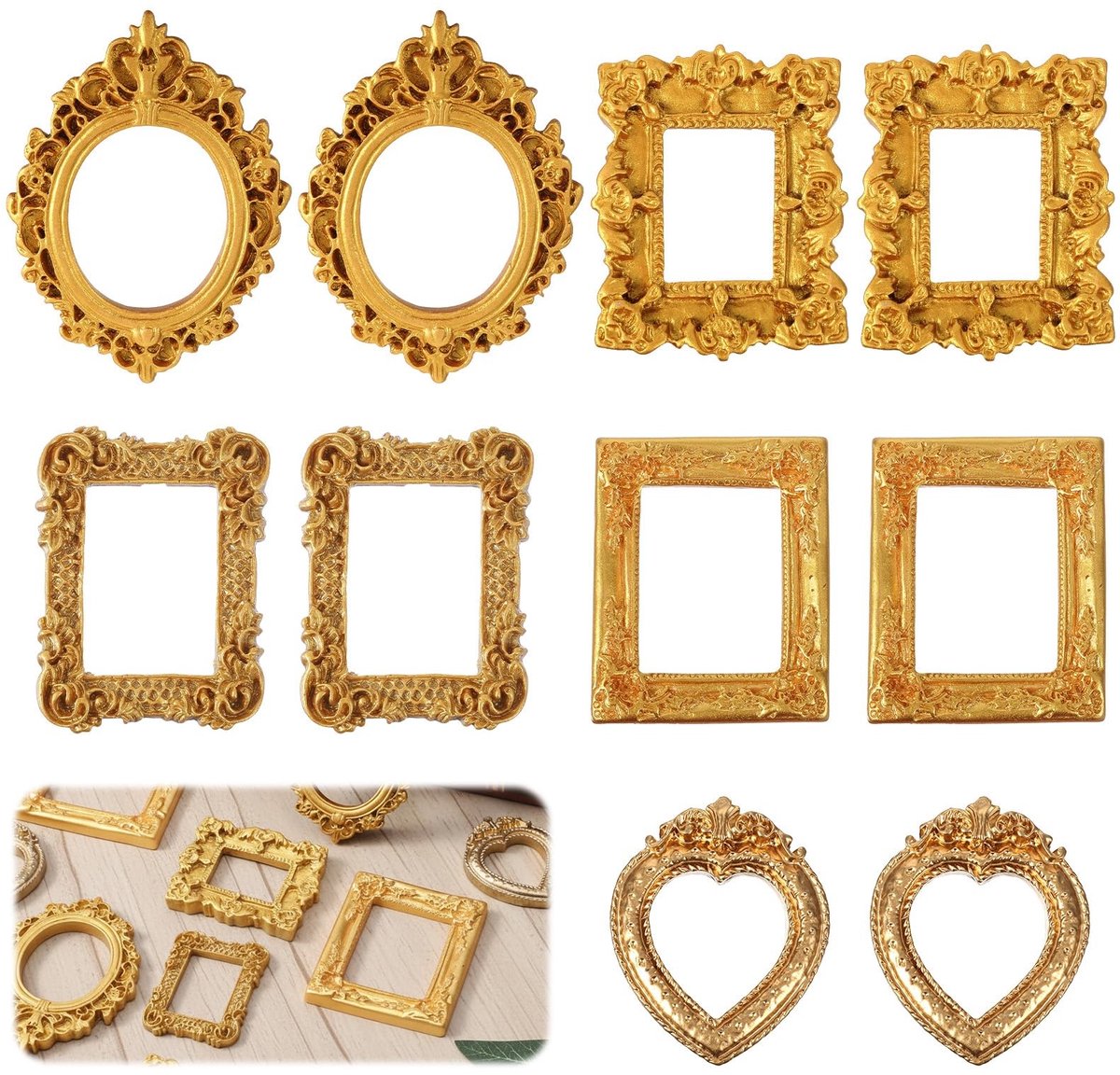 Dailygoods- Fotolijst Set van 10 - Mini Gouden Fotolijsten - Antieke Hars - Vintage Miniatuur Fotolijsten - Decoratie - Duurzaam en Elegant