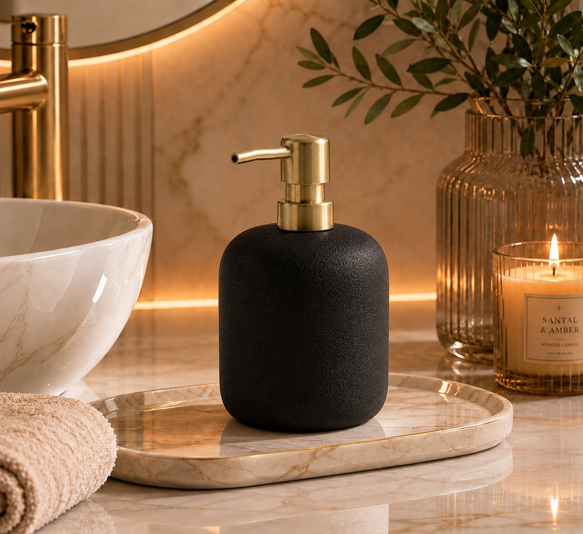 Aquamarbre Zeeppomp – Polyresin – Zwart / Goud – Luxe Badkamer Accessoire
