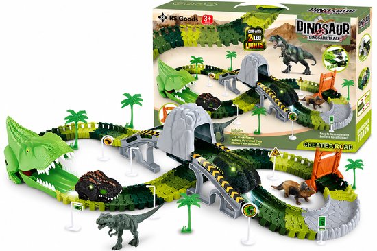 Circuit de dinosaures avec des sections de piste vertes et noires, 2 voitures dinosaures, un tunnel et des ponts.