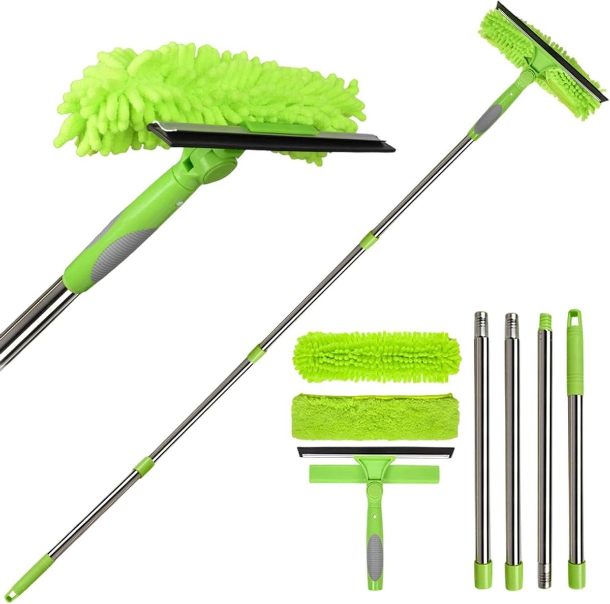 Glasreinigingsset - Raamwisser Tool - Streeploos Reinigen - Verstelbare Telescoopstang - Tot 180 cm - Groen