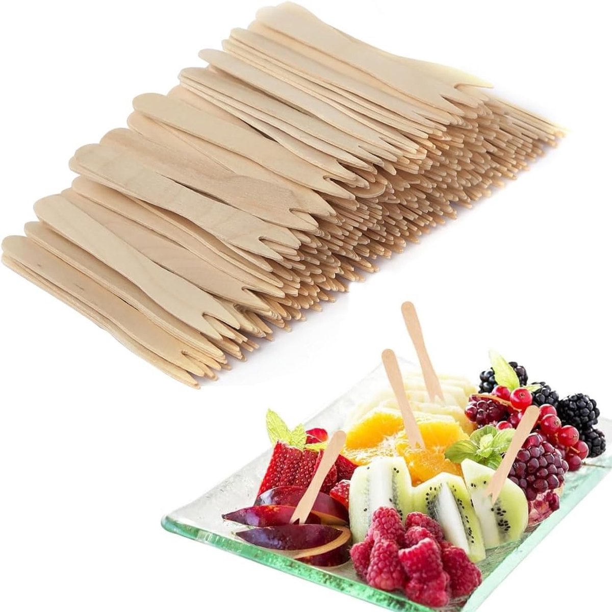 Dailygoods- Herbruikbaar Bestek 200 Stuks - Houten Vorken - Biologisch Afbreekbaar - Voor Feestjes - Geschikt voor Fruit - Temperatuurbestendig - Fruitvorken