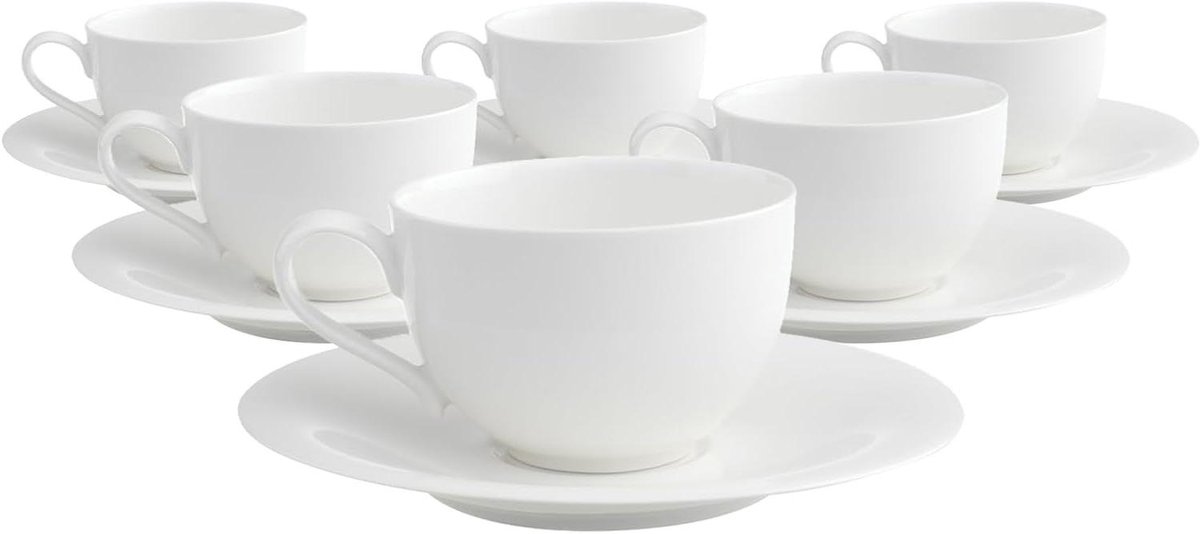 Koffiekopjes met schotels - Porseleinen servies - Stijlvol koffiegenot - Vaatwasmachinebestendig - Set van 6 - Wit