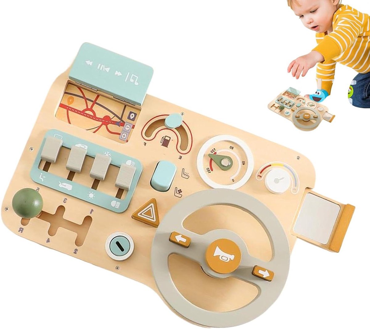Houten Rijspeelgoed - Activiteitenbord Stuur - Educatief Spel - Authentieke Rijervaring - 33 x 24 cm - Houtkleur