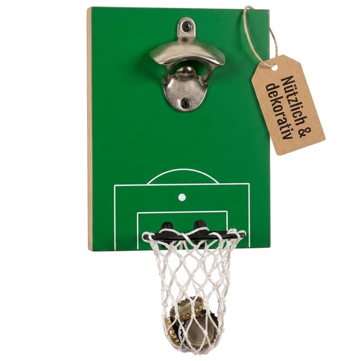 Dailygoods- Flesopener Voetbalveld - Wandmontage - Houten Plaat 20 x 15 cm - Kroonkurkvanger - Decoratie voor Mannen - Origineel Design - Baraccessoire