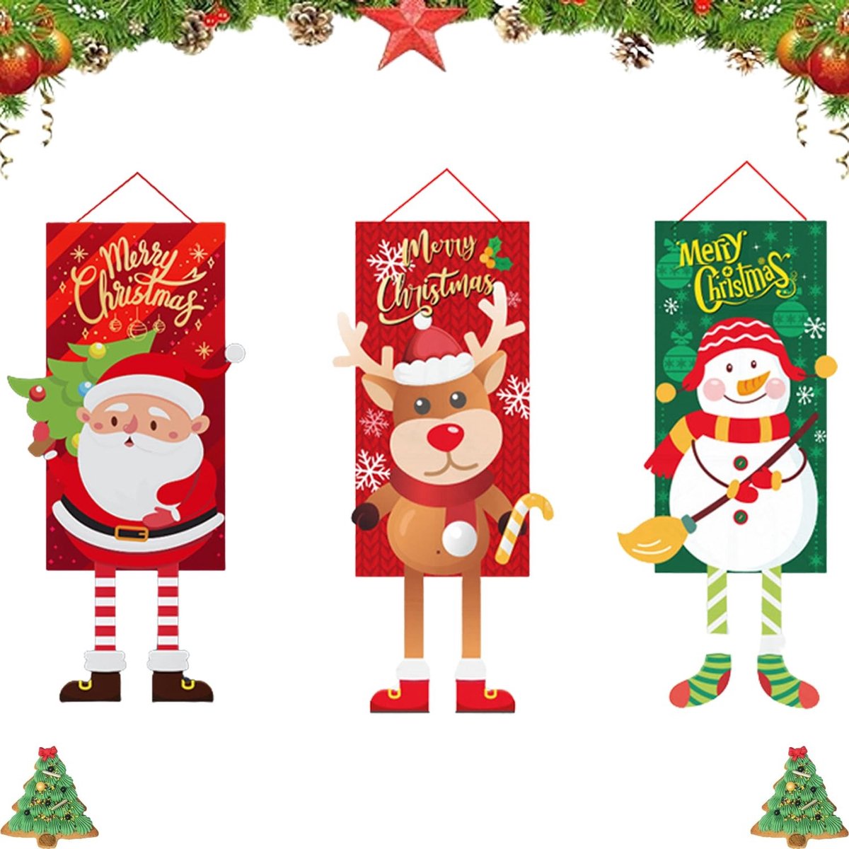 Dailygoods- Kerstdecoratie 3 Stuks - Kerstposter/Sneeuwpop/Kerstman - Hangende Deurvlag - Vliesstof/Hout - 105 x 40 cm - Eenvoudig te Installeren - Kerstvlag