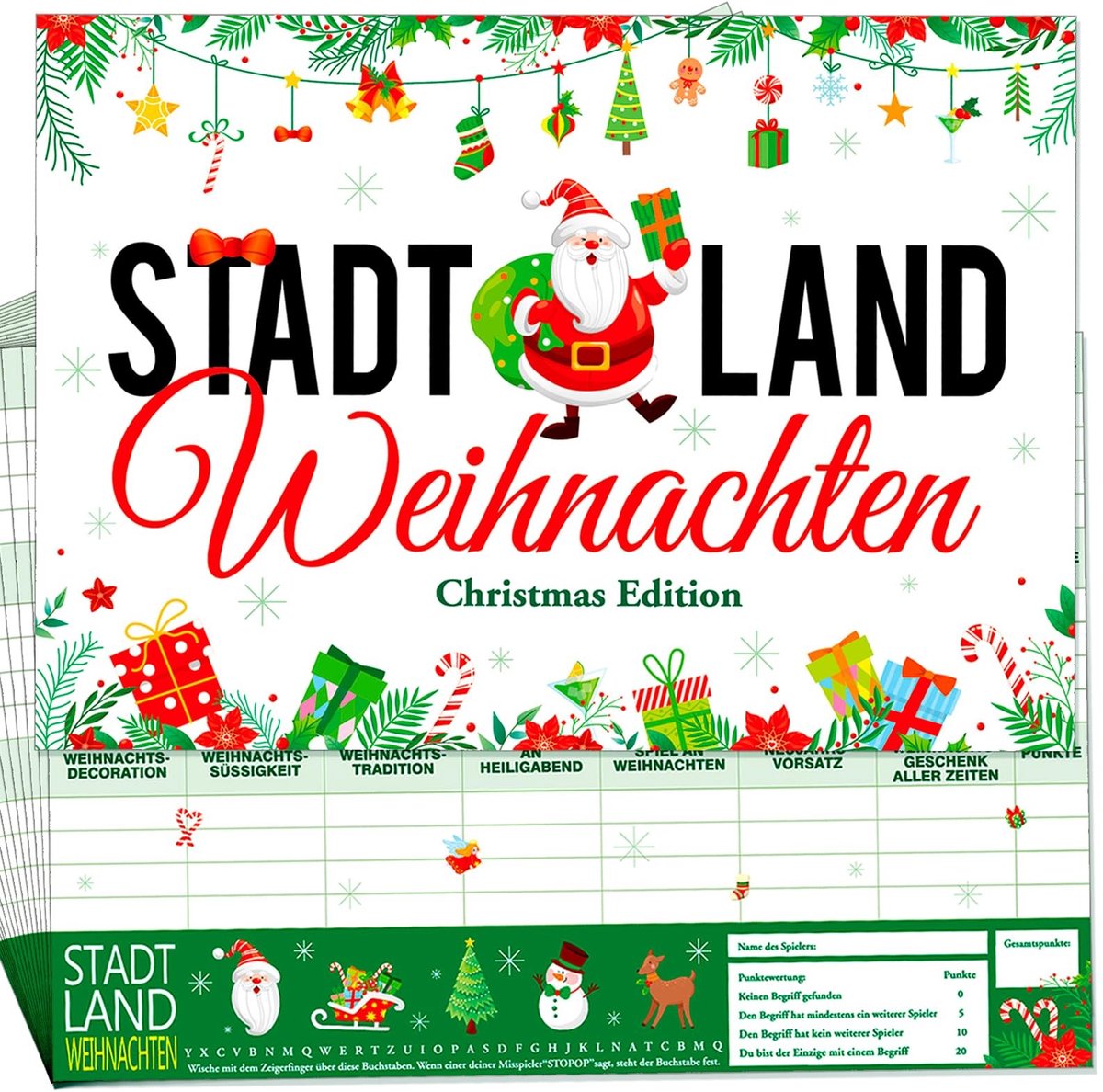 Dailygoods- Kerstspel 20 Vellen - Bordspellen - Feestspel voor Kerstmis - Familiespelletjes - Categorieën 21 - A4 formaat - Bordspel