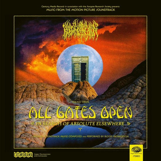 Hoes 'All Gates Open' soundtrack, met gebarsten bandnaam, blauwe maan en open deur in rotsachtig landschap.