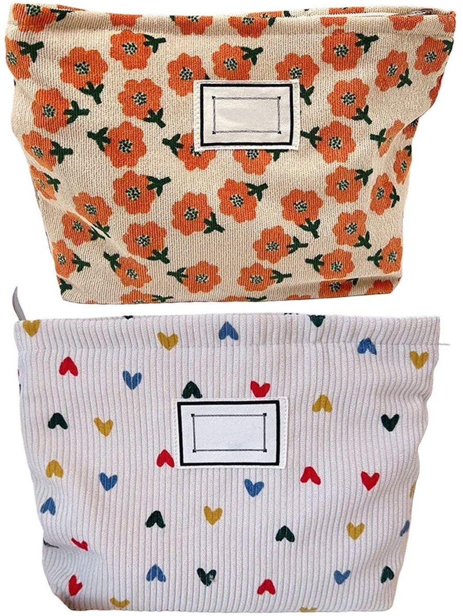 Dailygoods- Toilettas Dames Groot - 2 Stuks - Corduroy - Waterdicht - Cosmetische Tas - Liefdesbloem Ontwerp - 26x18x5.5 Cm - Cosmetica Tas