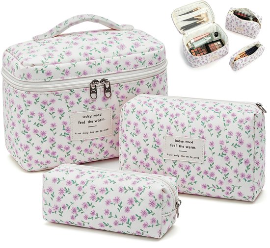 Make-up tas set - gewatteerde tas - grote make-up tas voor dames met bloemenprint - make-up tas met bloemenpatroon - schattige katoenen make-up tas - toilettas - reisformaat organizer voor cosmetica en toiletartikelen