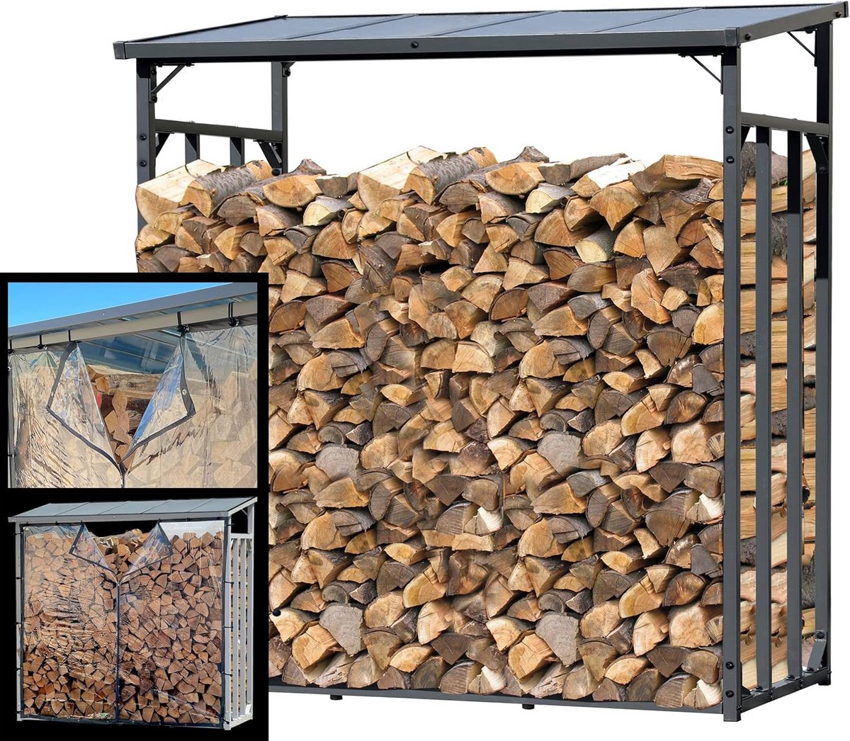 Houtopslag Rek - Stapelhulp Buiten - Opslag en Drogen - Met Weerbescherming - 185x70x185 cm - Antraciet