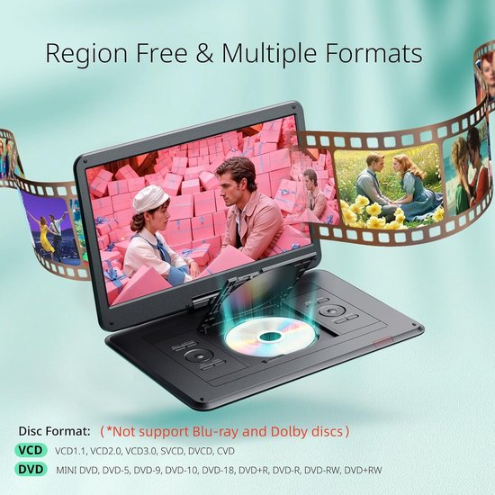 Draagbare DVD-speler - Films kijken - Onderweg entertainment - Groot draaibaar scherm - 175 inch - Zwart — afbeelding 4