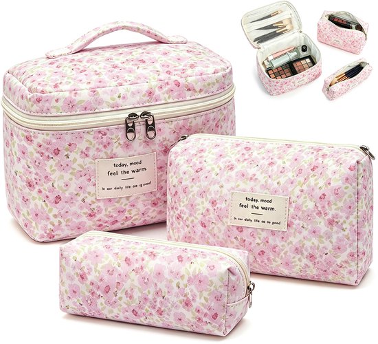 Make-up tas set - gewatteerde tas - grote make-up tas voor dames met bloemenprint - make-up tas met bloemenpatroon - schattige katoenen make-up tas - toilettas - reisformaat organizer voor cosmetica en toiletartikelen
