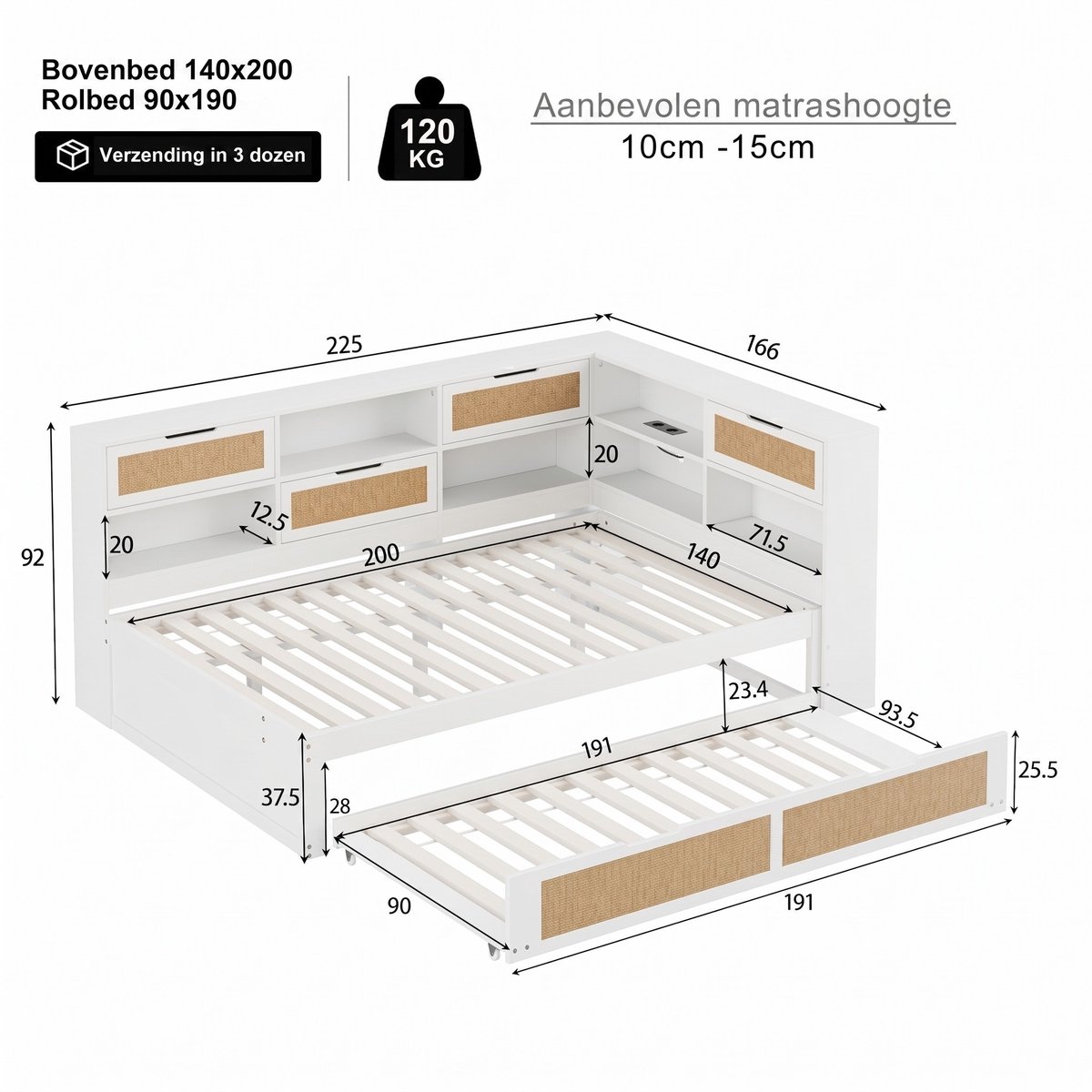 VVBV Slaapbank 2 persoons / Bedbank 140x200 – met Uitschuifbed, Opbergruimte, USB, Stopcontact – Wit – met Uitschuifbed, Opbergruimte en Opbergvakken White