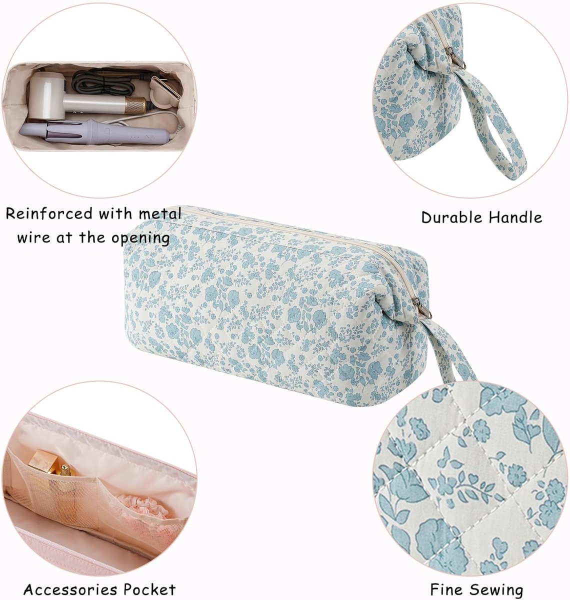 Grote gewatteerde reistas voor haarstylingtools met strikpatroon - Waterdichte opbergtas voor haarstylingaccessoires zoals de Shark FlexStyle, Dyson Airwrap föhn, krultang en Revlon haarstylingtools - Blauw thumbnail 5