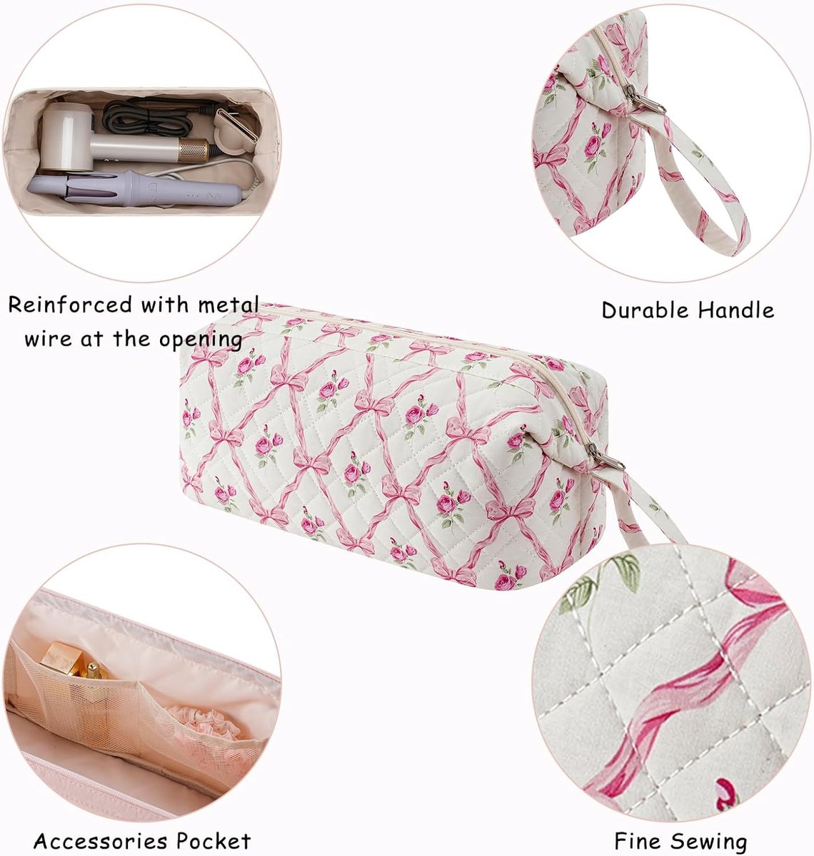 Grote gewatteerde reistas voor haarstylingtools met strikpatroon - Waterdichte opbergtas voor haarstylingaccessoires zoals de Shark FlexStyle, Dyson Airwrap föhn, krultang en Revlon haarstylingtools - Roze thumbnail 5