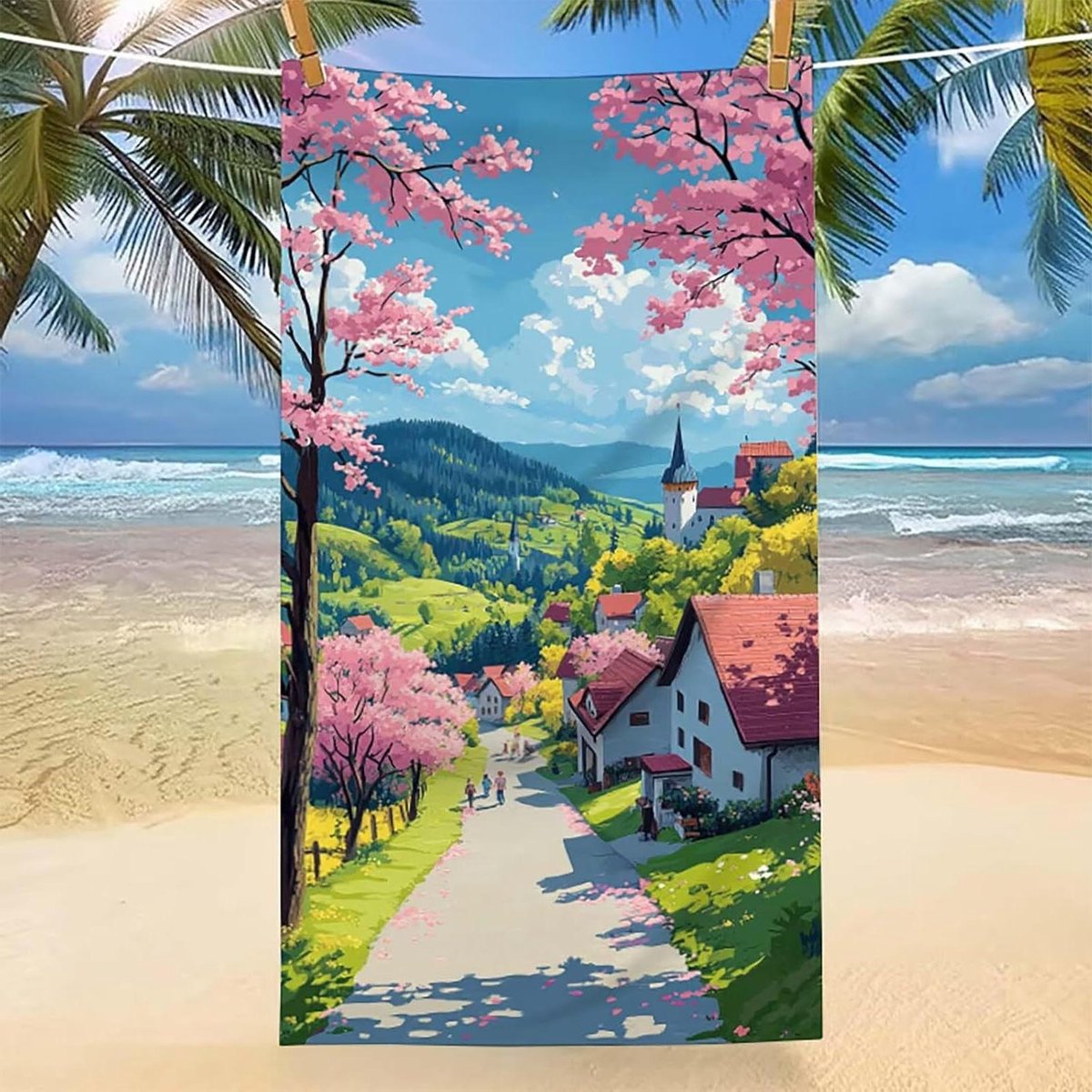 Zpg256QC Landscape Beach Towel Cherry Blossom Pattern, Microfiber Beach Towel 100x200cm, L