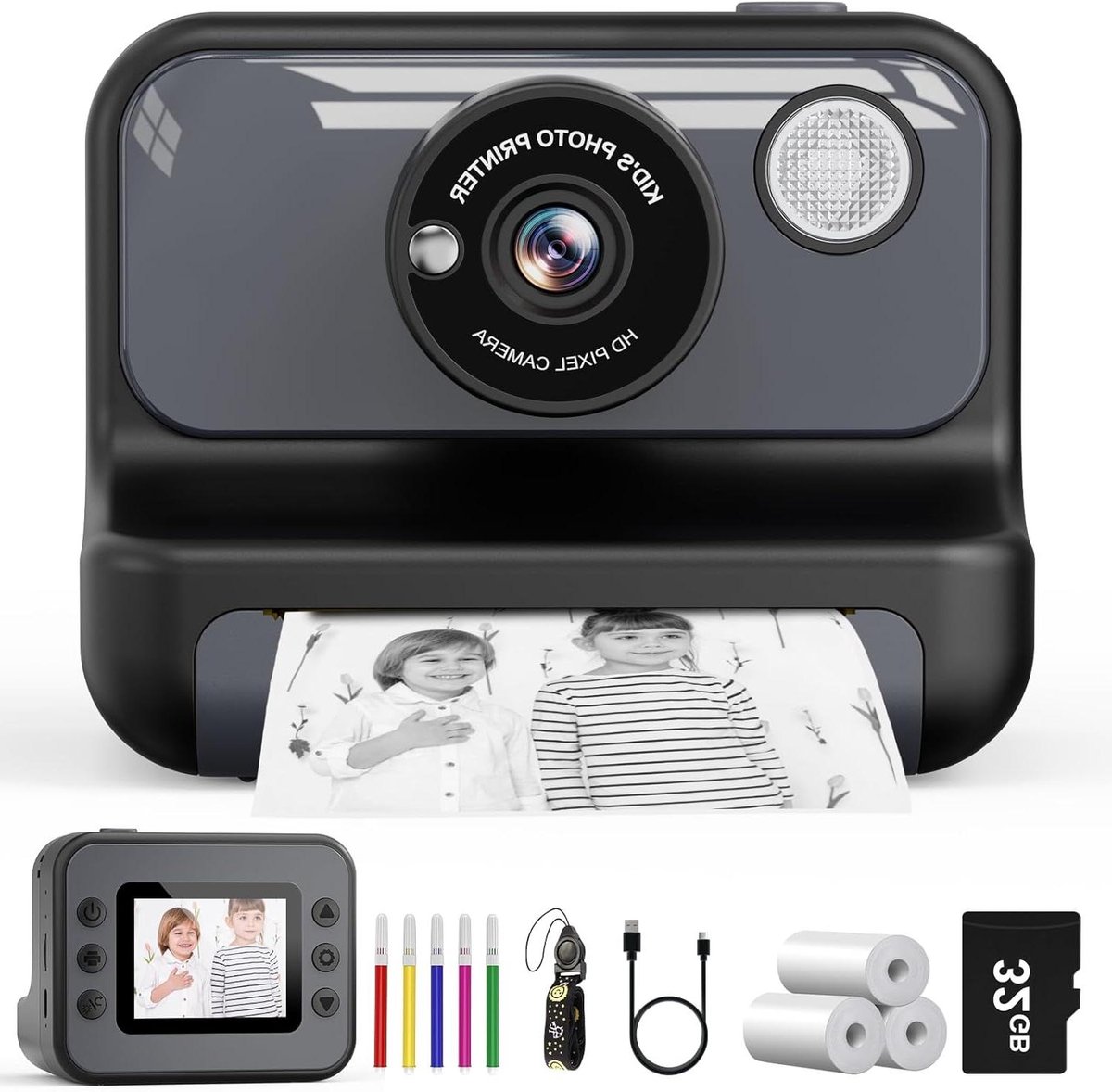 Instant camera voor kinderen, 6,1 cm (2,4 inch), instant camera, met 32 GB kaart en 3 rollen papier, verjaardagscadeau voor jongens en meisjes van 3 tot 12 jaar