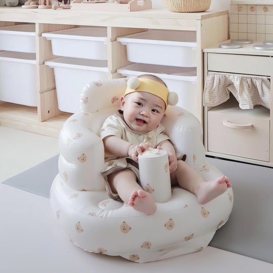 Opblaasbaar babyzitje met zuignappen (vanaf 3 maanden) - Babyvloerzitje om rechtop te zitten, met ingebouwde luchtpomp - Opblaasbare stoel voor baby's - Berenkop — afbeelding 5