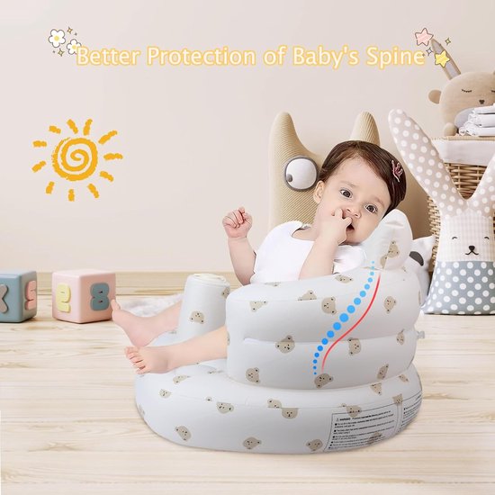 Opblaasbaar babyzitje met zuignappen (vanaf 3 maanden) - Babyvloerzitje om rechtop te zitten, met ingebouwde luchtpomp - Opblaasbare stoel voor baby's - Berenkop — afbeelding 3