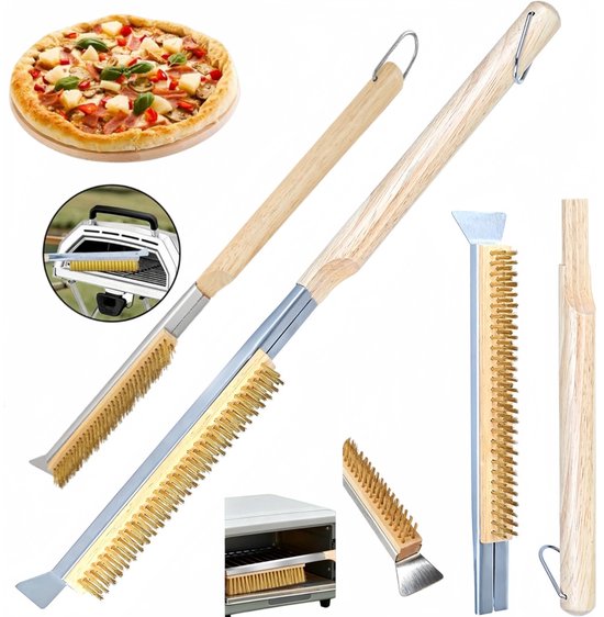 2-delige pizzasteenborstelset (lang + kort) – Pizza-ovenborstels – Met roestvrijstalen schrapers – Messing borstelharen – Houten handvatten (met ophanglussen) – BBQ-grillborstels – Buitenpizza-borstels – Pizzareinigingsborstels