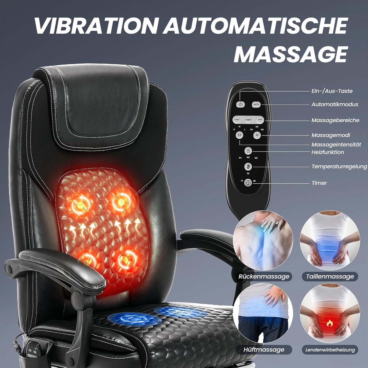 Ergonomische bureaustoel met massage en verwarming – 6-punts massage managerstoel met verstelbare rugleuning, uittrekbare voetensteun en kunstleer – kantoorstoel luxe – House&Garden Executive Comfort Pro Zwart
