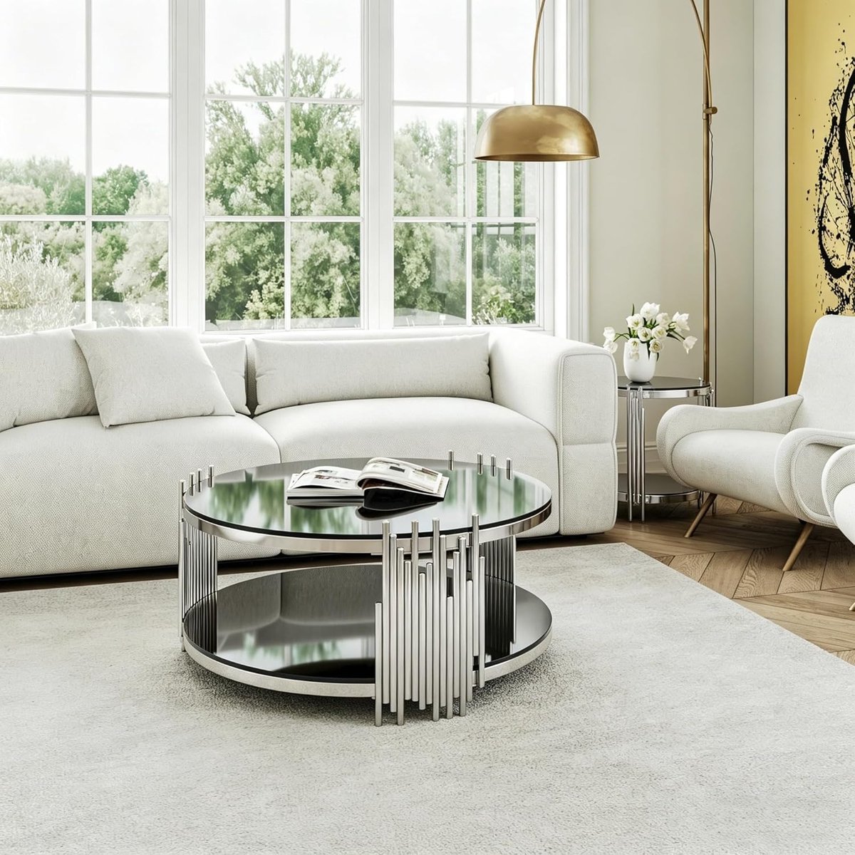 Salontafel Rond Glas 45 x 45 x 55 cm – Bijzettafel met 2 Niveaus en Gouden RVS Frame – Moderne Koffietafel met Gehard Glas – Luxe Design Tafel voor Woonkamer, Slaapkamer en Balkon – Mobili Bella