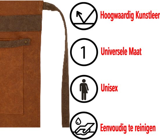 Detail van bruin kunstleren schort met bruine leren accenten en iconen: hoogwaardig kunstleer, universele maat, unisex, makkelijk te reinigen.