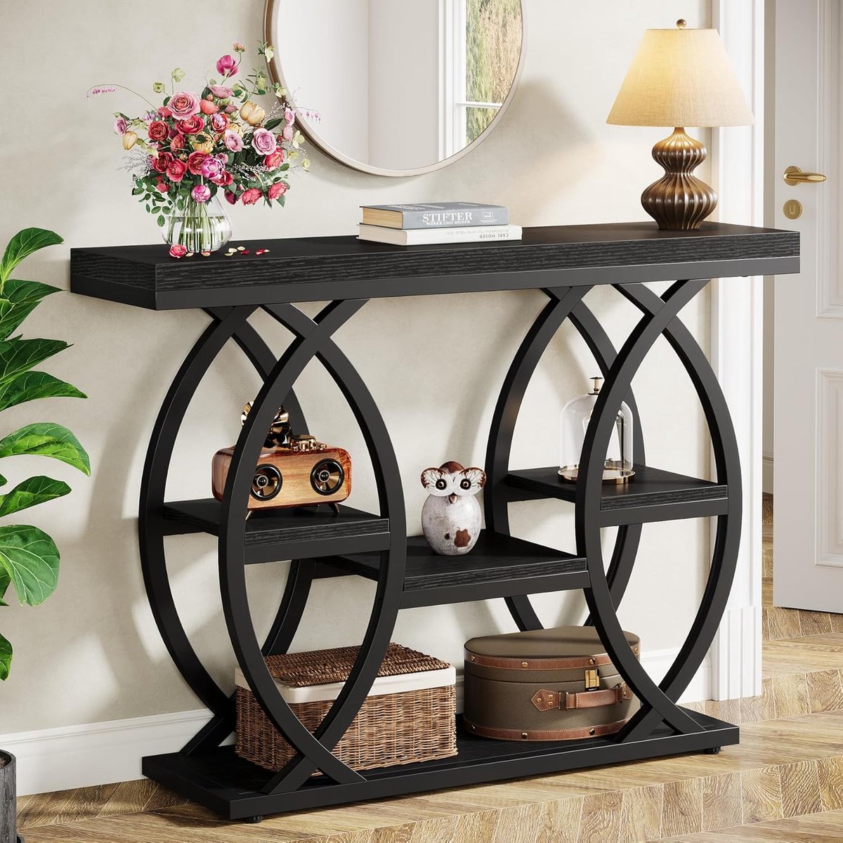 LITTLE TREE Industriële Consolentafel - 100 x 30 x 80 cm - 4 Legniveaus - Hout En Metalen Frame - Voor Hal En Entree - Zwart