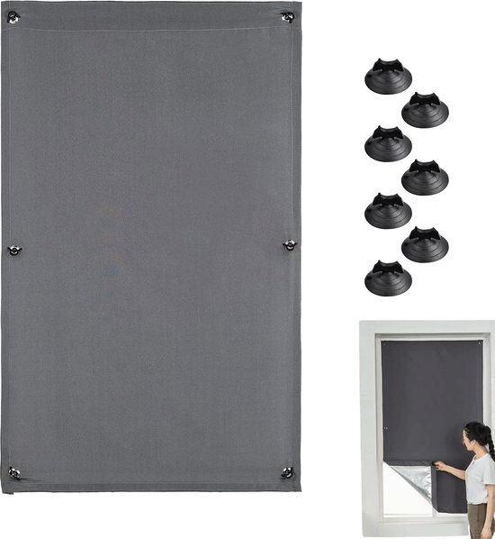 Tissu occultant gris foncé avec six ventouses noires et œillets métalliques.